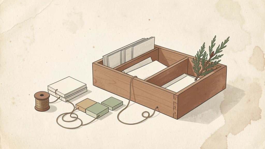 Warm paper illustration of blank cards, thread, and an archive tray representing reliable AI automation handoffs.