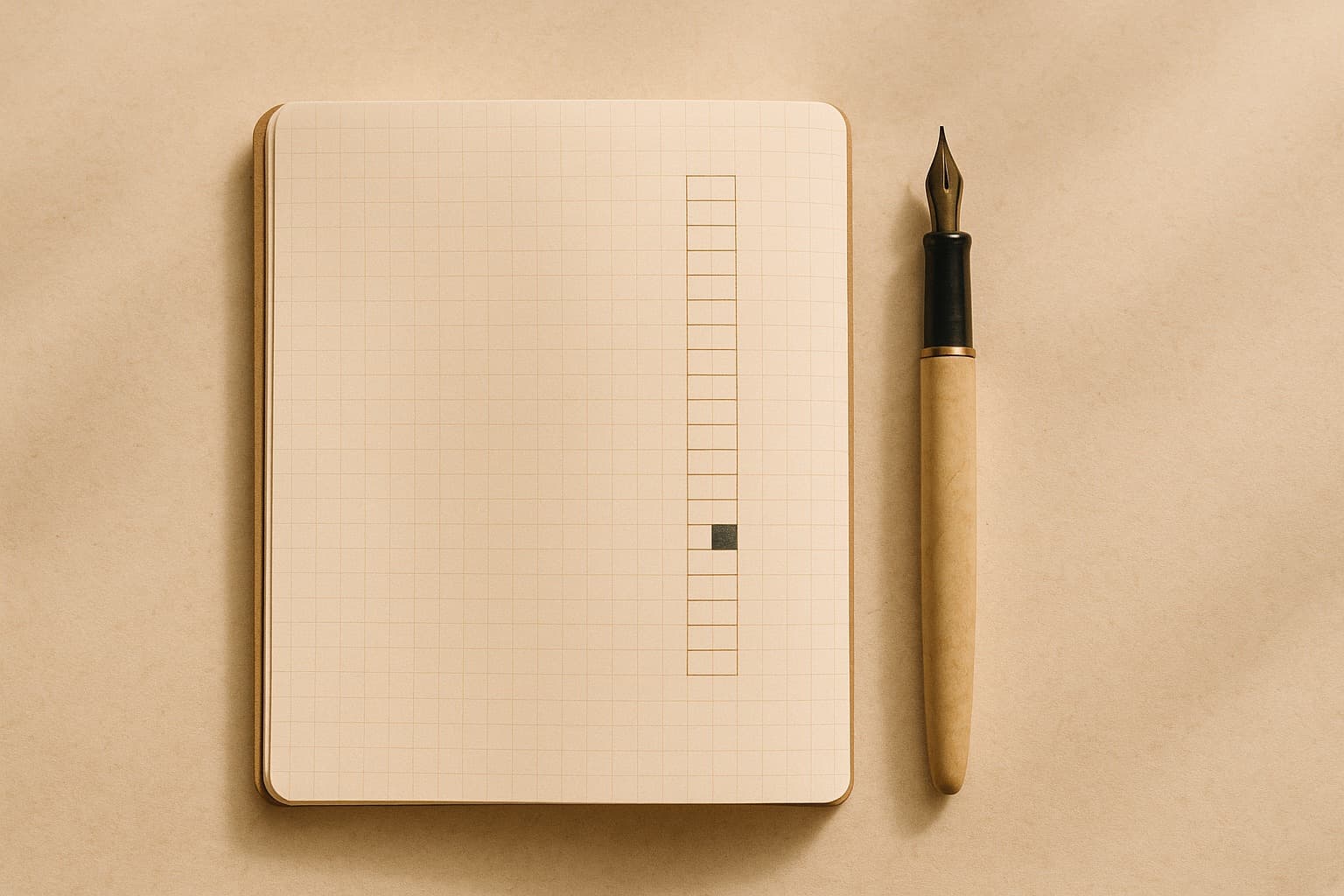 Overhead flat-lay of a warm-paper desk with an open gridded notebook showing a neat column of small empty squares with a single square filled in dark, a fountain pen resting beside.