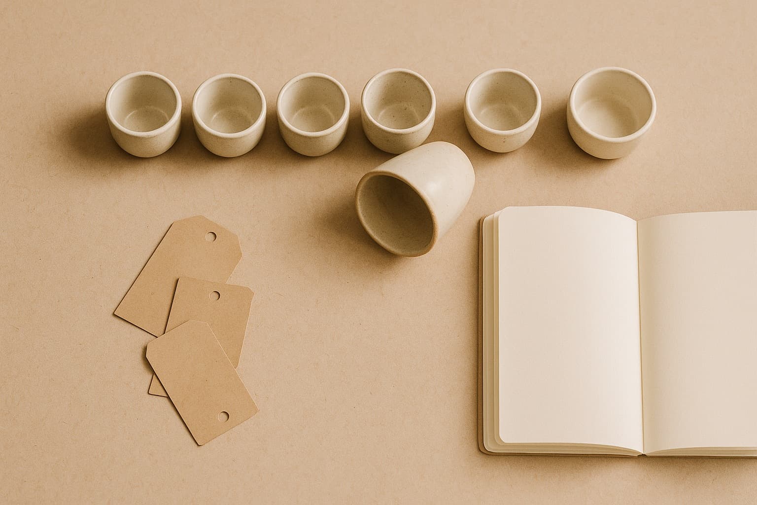 Overhead flat-lay of a warm-paper desk with six small ceramic cups in a loose row, one larger central cup tipped on its side, blank kraft tags and an open notebook beside them.