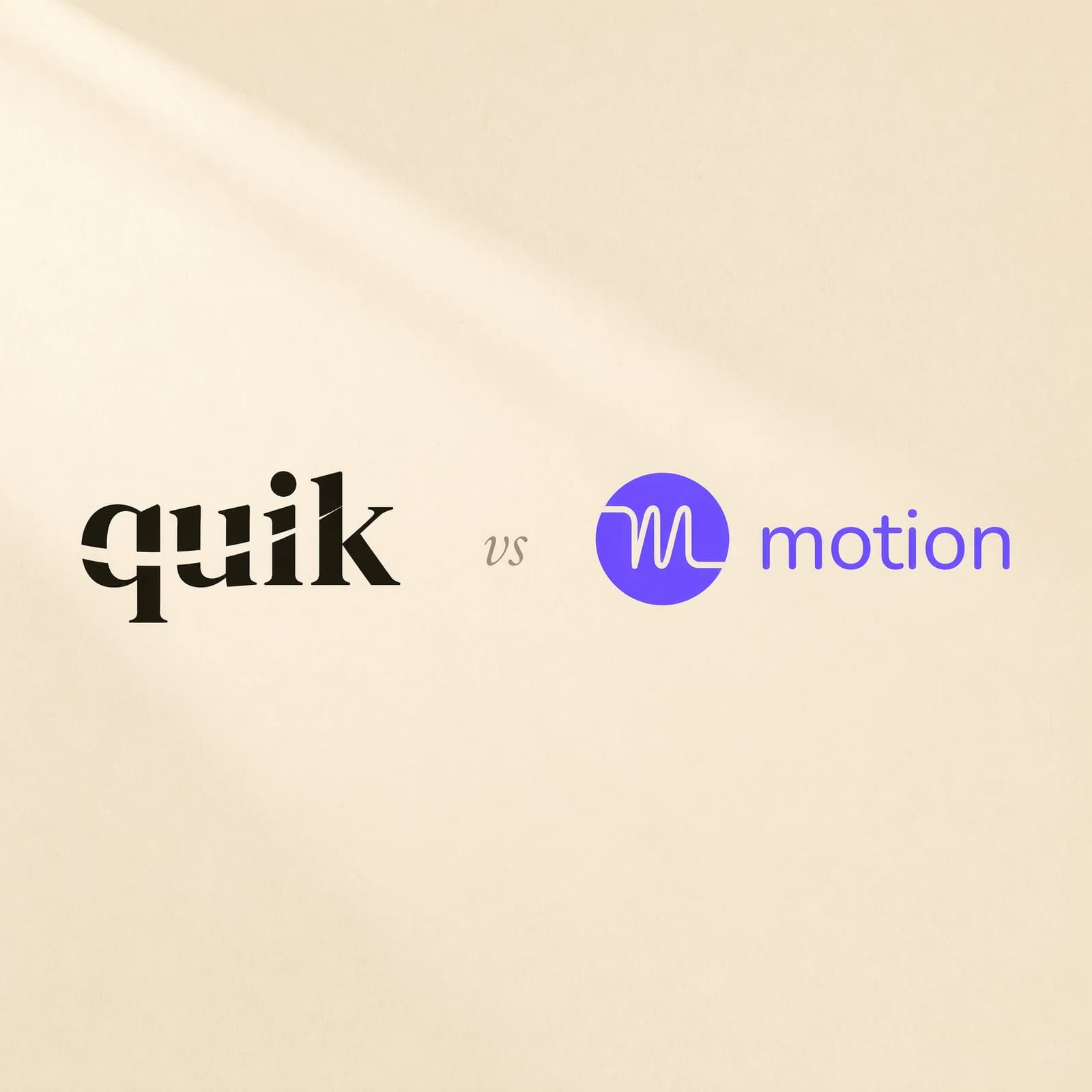 quik.md wordmark next to the Motion wordmark with a small italic vs between them, on warm cream paper