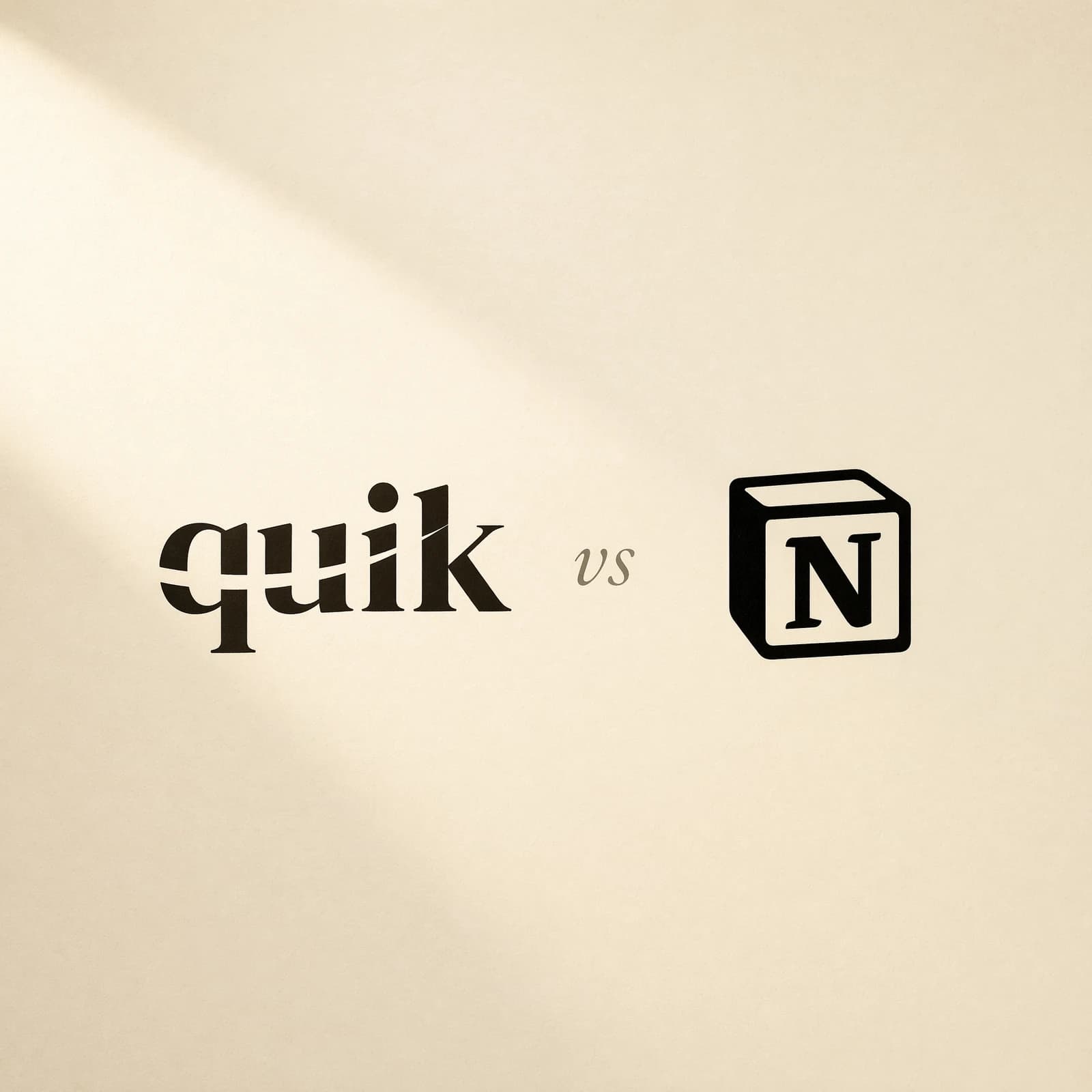 quik.md wordmark next to the Notion wordmark with a small italic vs between them, on warm cream paper