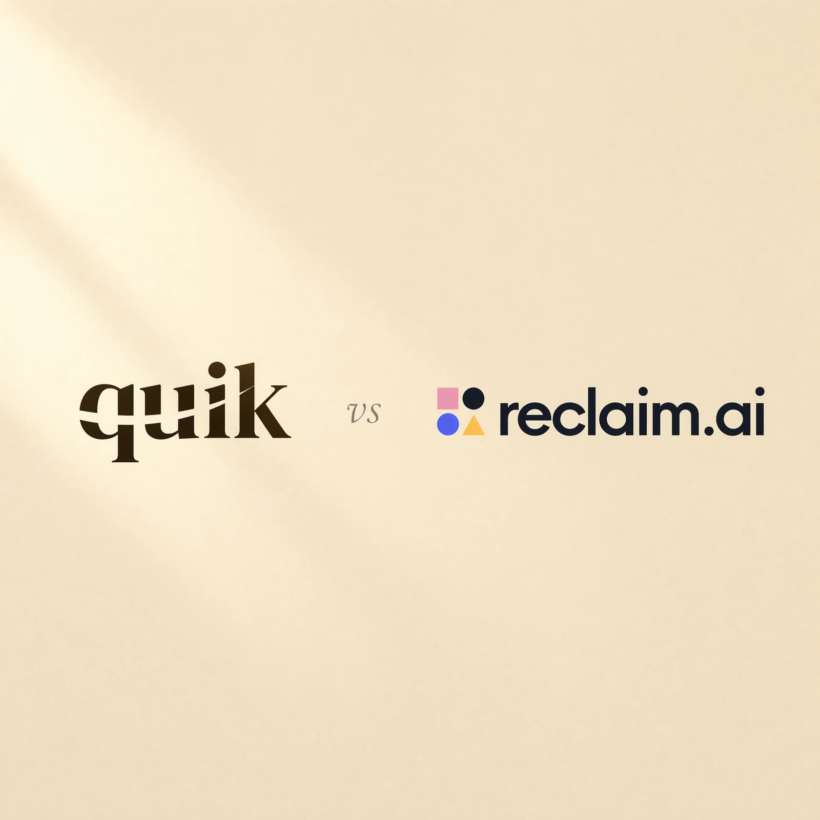quik.md wordmark next to the Reclaim wordmark with a small italic vs between them, on warm cream paper