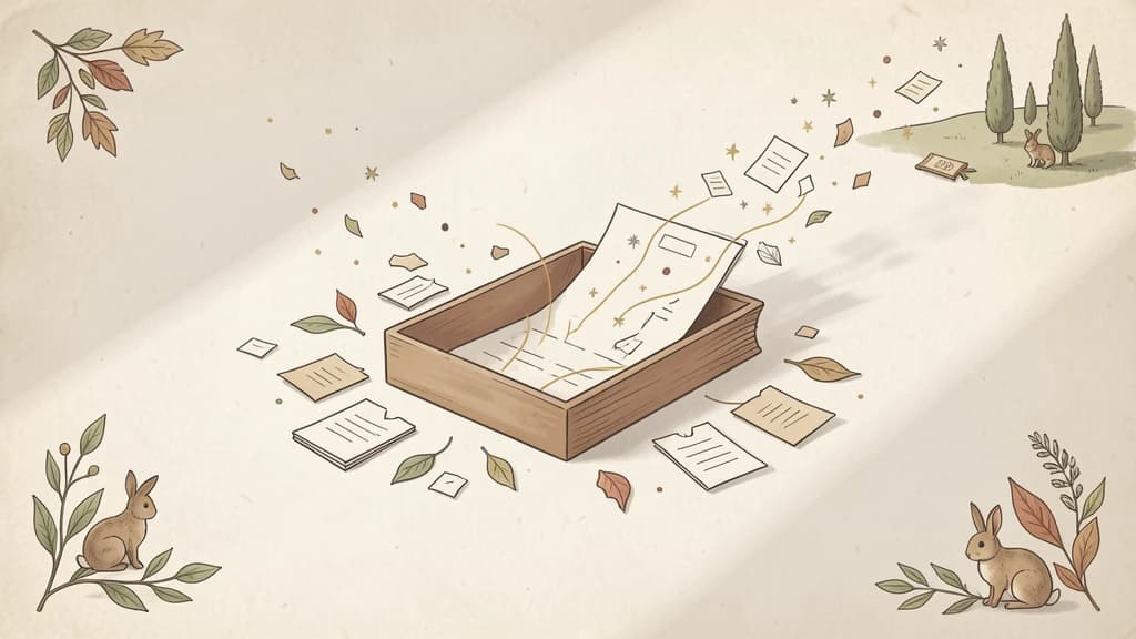 Warm paper editorial illustration of scattered handwritten cards being gathered into a single open notebook, soft diagonal light