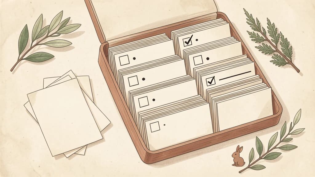 Warm paper editorial illustration of an open notebook with task lines flowing into clean markdown bullets, soft cypress and olive leaves at the edge