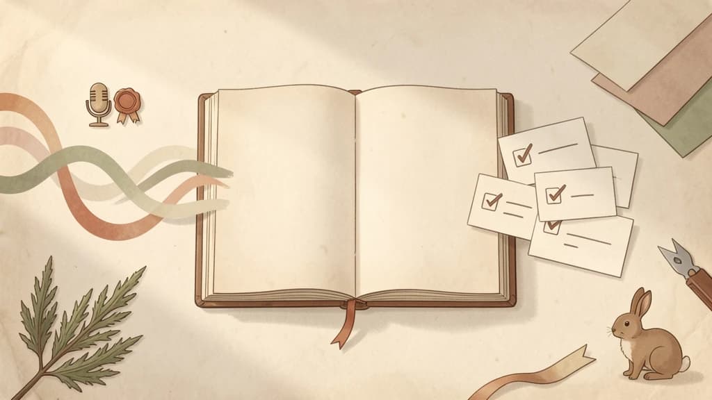 Warm paper editorial illustration of a microphone resting on a notebook with handwritten cards fanning out into project trays