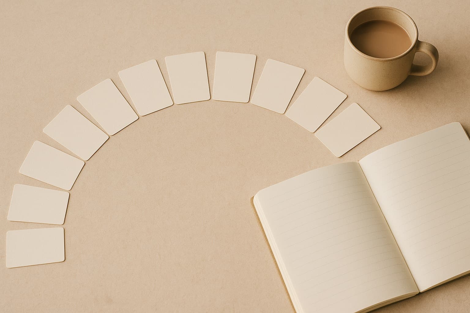 Overhead flat-lay of a warm-paper desk with twelve small blank cards fanned in a wide arc like months, an open notebook and a ceramic mug nearby.
