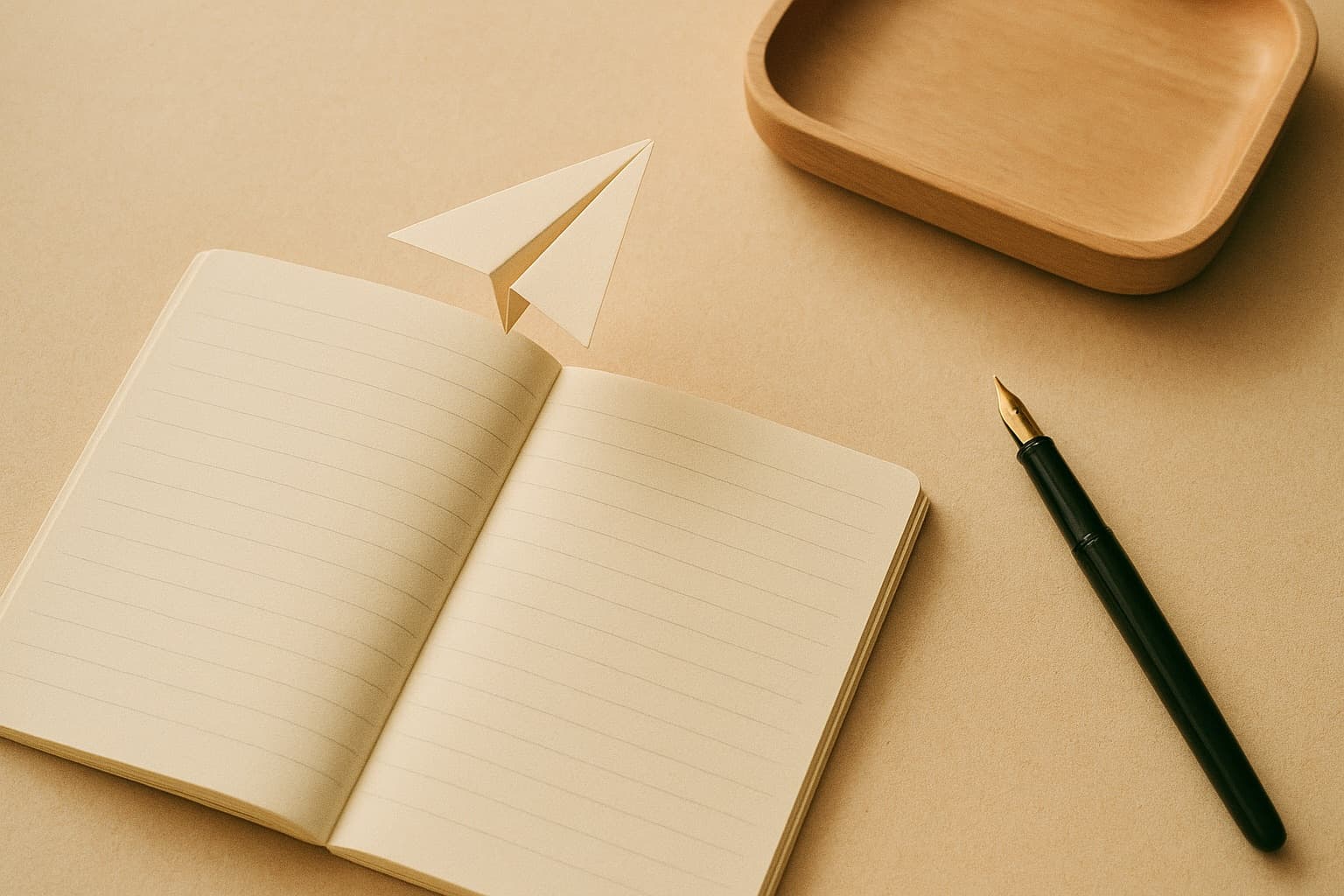Overhead flat-lay of a warm-paper desk with a small folded paper plane flying over an open notebook toward a shallow wooden tray, a fountain pen nearby, playful but minimal.