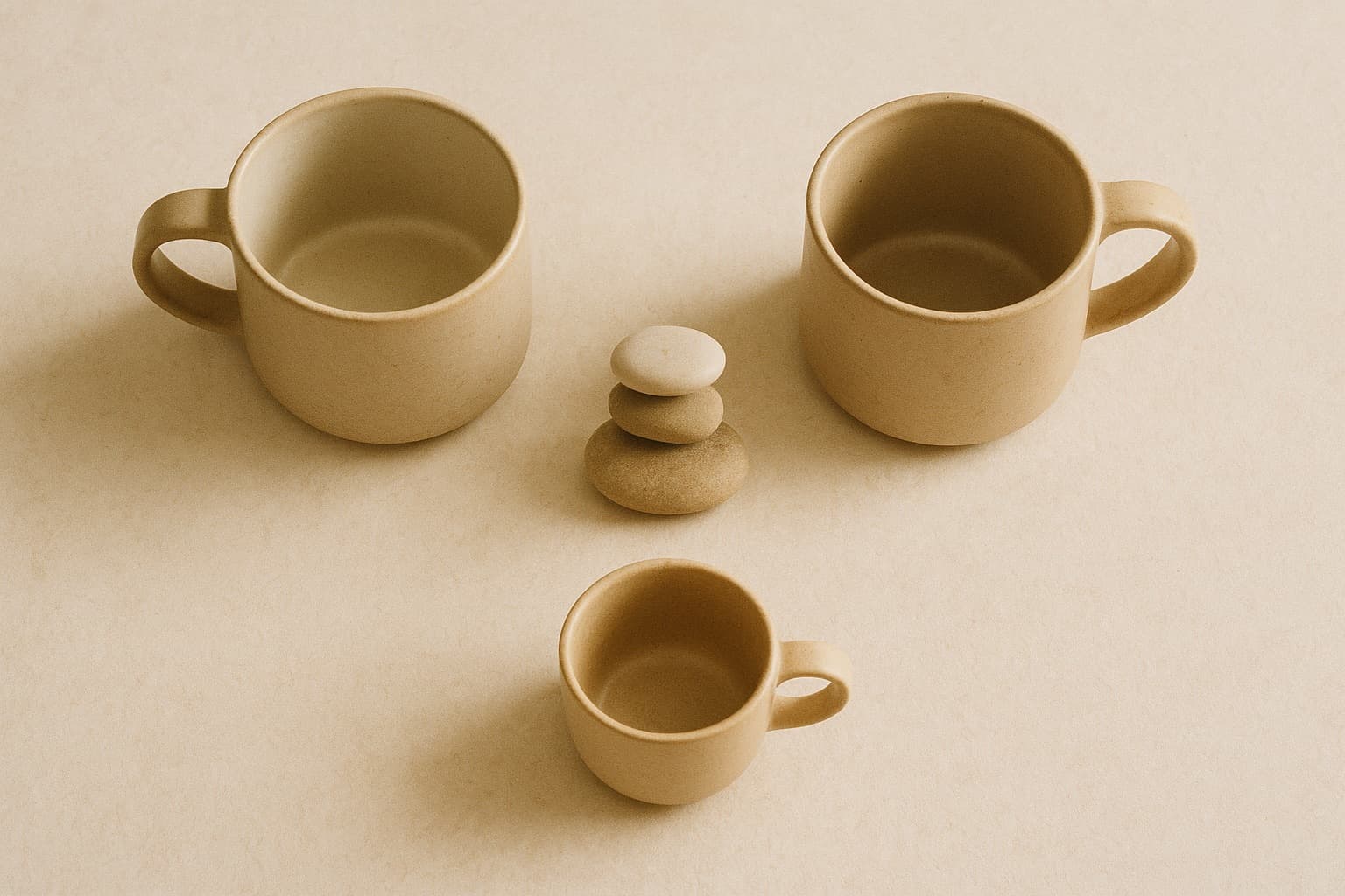 Overhead flat-lay of a warm-paper desk with two ceramic mugs facing each other and a third smaller cup set apart, a balance of smooth pebbles between them.