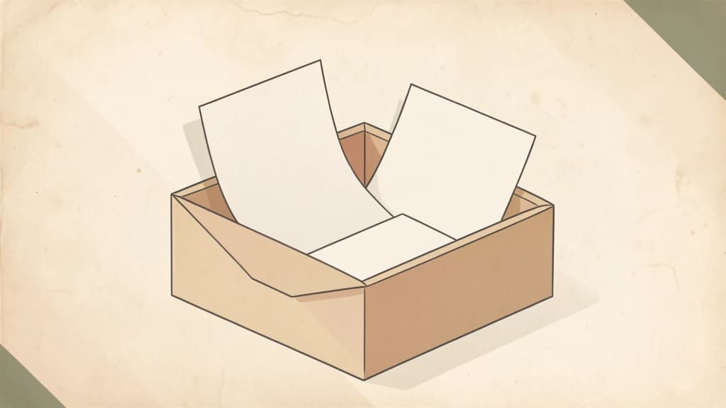 Warm parchment editorial illustration of blank paper sheets flowing into a calm inbox tray