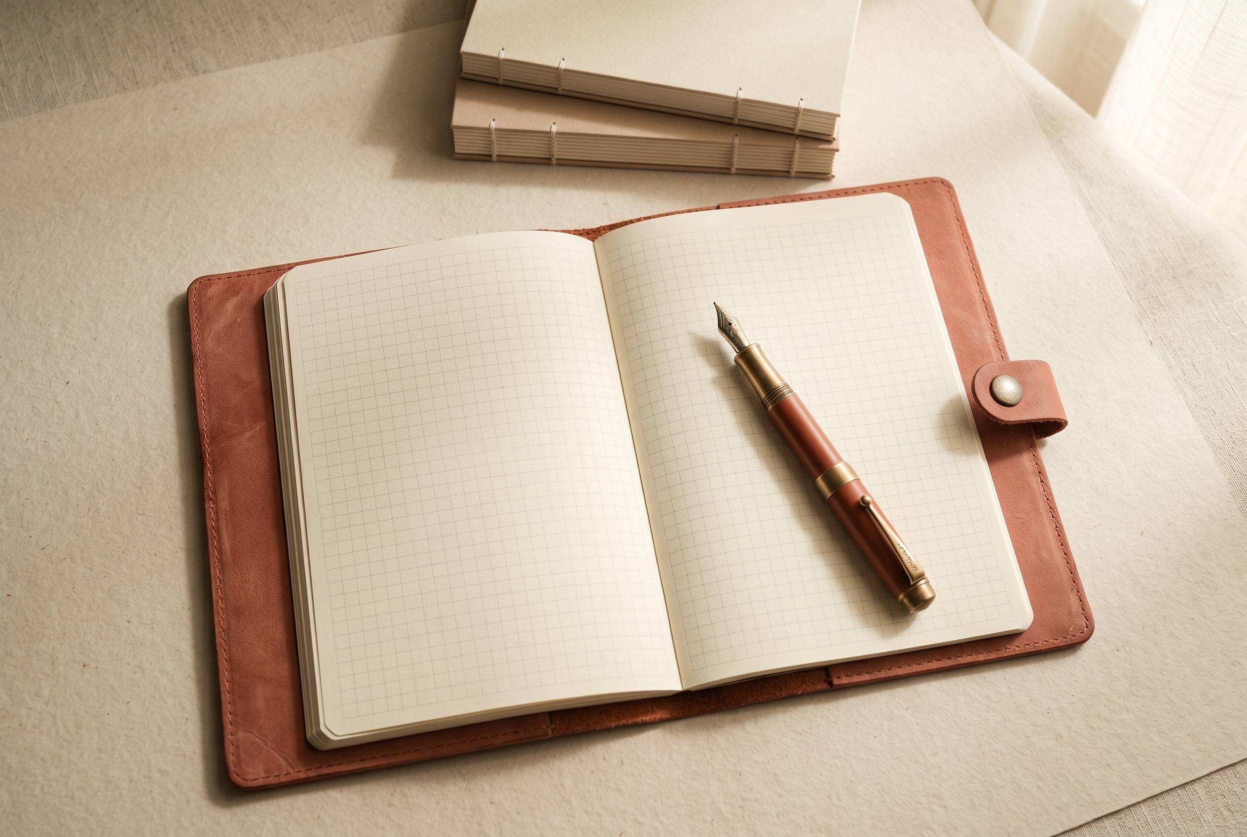Open leather notebook with grid paper and a fountain pen resting on top, warm daylight across paper.